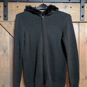Black knitted zip up sweater with black fur rimmed hoodie size L